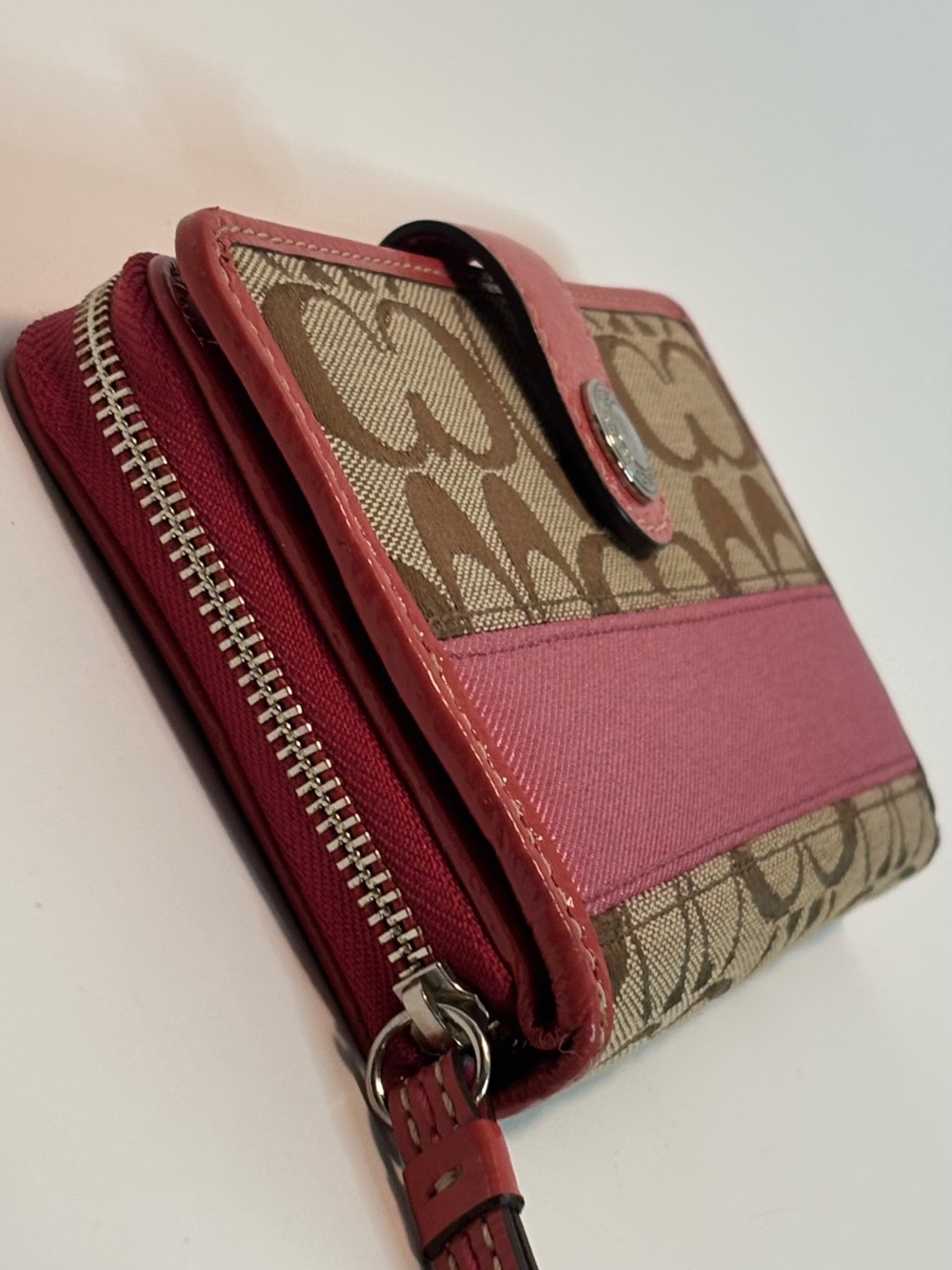 COACH ($229) Legacy Signature Zip-Around Wallet in Tan Canvas with Berry Accents - Picture 3 of 14